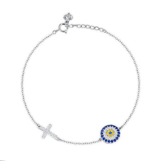 14K Solid White Gold Evil Eye & Cross Bracelet in Simulated Diamonds