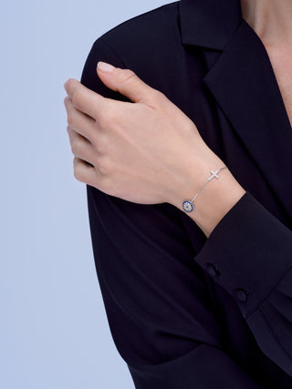 14K Solid White Gold Evil Eye & Cross Bracelet in Simulated Diamonds
