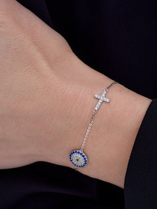 14K Solid White Gold Evil Eye & Cross Bracelet in Simulated Diamonds
