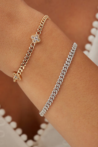 14K Solid Gold Clover Curb Link Bracelet