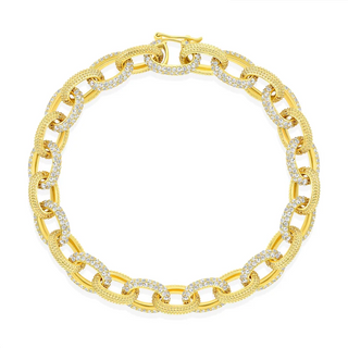 Rolo link bracelet adorned with cubic zirconia available in 18K Yellow Gold Vermeil, White Rhodium Vermeil, Black, & Rainbow