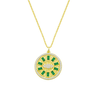 Allegria necklace features a round pendant that is 25mm in diameter embellished with 10 baguette cz stones.