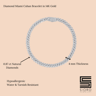 14K Solid Gold 4mm Miami Cuban Chain Diamond Link Bracelet