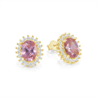 Simulated Pink Tourmaline Halo Stud Earrings in 14K Gold Vermeil