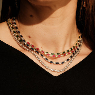 Alternating Emerald & Round Cut CZ Bezel Tennis Necklace