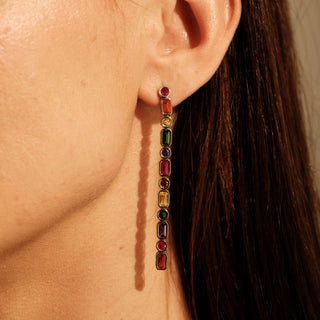 Simulated Gemstone Alternating Emerald & Round Cut Bezel Dangle Earrings