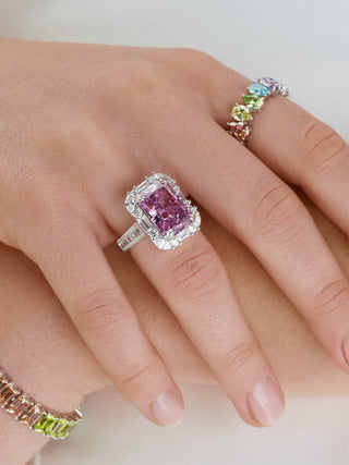 Radiant Cut Pink Gemstone Ring in Halo Setting
