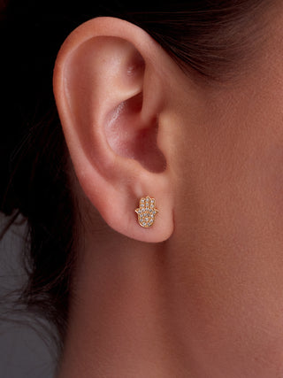Diamond Hamsa Earring Studs in 14K Gold