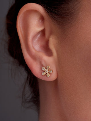 Pave Diamond Flower Earrings in 14K Gold