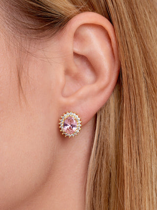 Simulated Pink Tourmaline Halo Stud Earrings in 14K Gold Vermeil