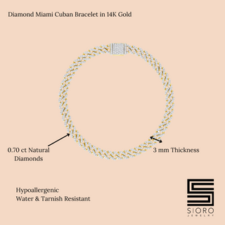 14K Solid Gold 3 mm Miami Cuban Diamond Bracelet