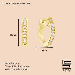 14K Solid Gold Diamond Huggie Earrings