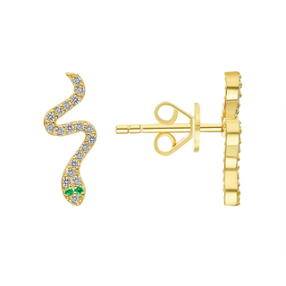 14K Yellow Gold Tiny Snake Push Back Stud Earrings featuring clear pave simulated diamonds and two green accent diamonds.
