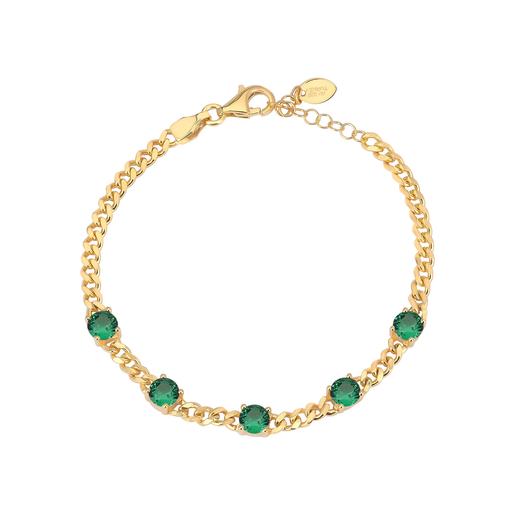 14K Yellow Gold Cuban Chain Link Bracelet features beautiful emerald green cubic zirconia crafted with 925 sterling silver.
