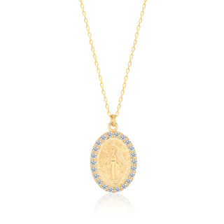 14K Yellow Gold  925 Sterling Silver Necklace features a Virgin Mary pendant 
