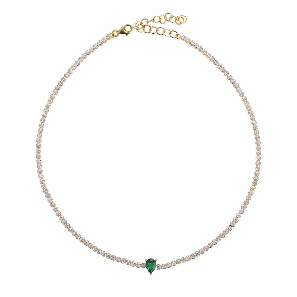 Tennis Necklace with a Teardrop Emerald