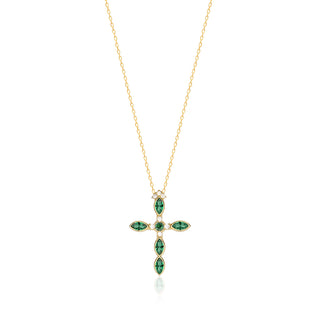 14K Yellow Gold with 925 Sterling Silver Cross Necklace features a cross pendant with marquise gemstone detailing.