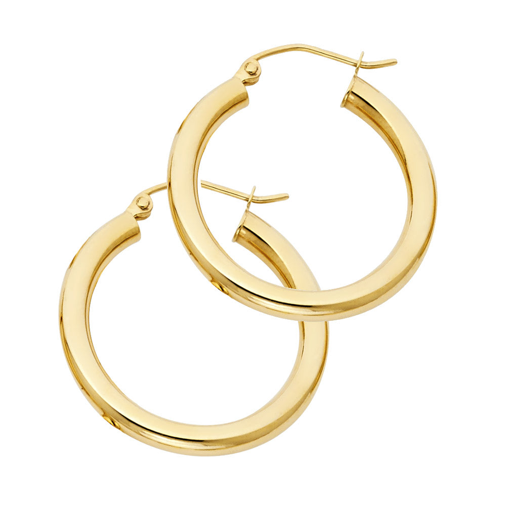 14K solid gold small thick hoop earrings with a diameter of 24mm and Lever Back closure