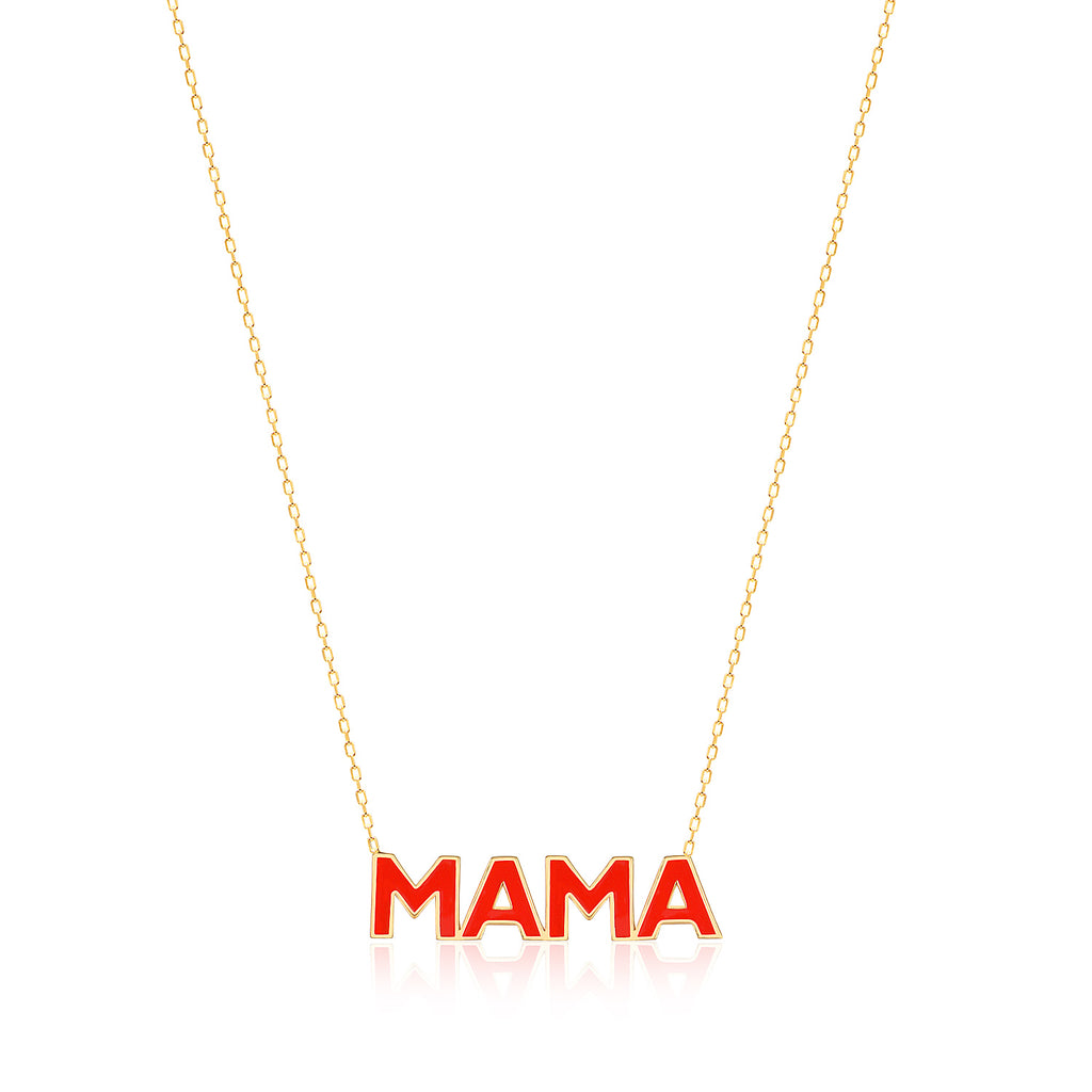 925 Sterling Silver MAMA necklace features a red or white enamel 
