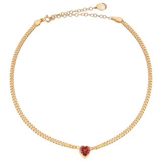 14K Yellow Gold Cuban Chain Necklace features heart-shaped cubic zirconia that is available in blue, green, or red.