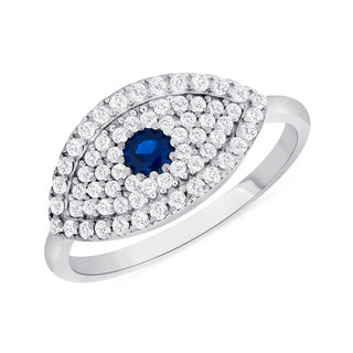 14K Yellow Gold Evil Eye Ring with blue cubic zirconia in the center surrounded by white cubic zirconia