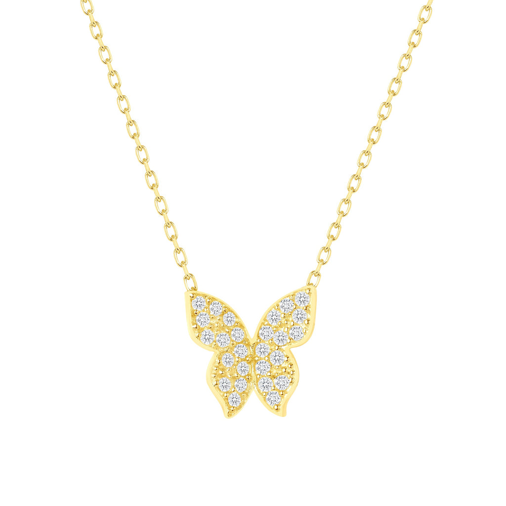 925 sterling silver with 14k yellow gold vermeil necklace with a butterfly pendant embellished with cubic zirconia.
