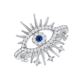 14K Solid Gold Sapphire Evil Eye Ring features a 1.81ct natural sapphire surrounded by 0.05ct diamonds and star embellishments.