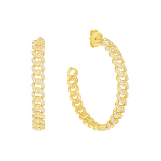 925 Sterling Silver Miami Cuban Link Hoop Earrings hoops adorned with cubic zirconia in a pavé setting. 