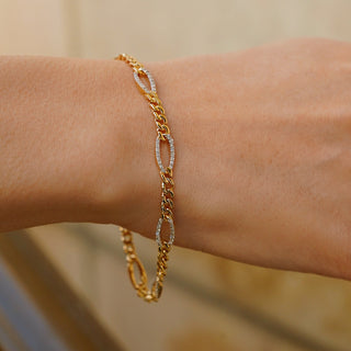 14K Solid Gold Cuban Chain with Pave Diamond Link Bracelet