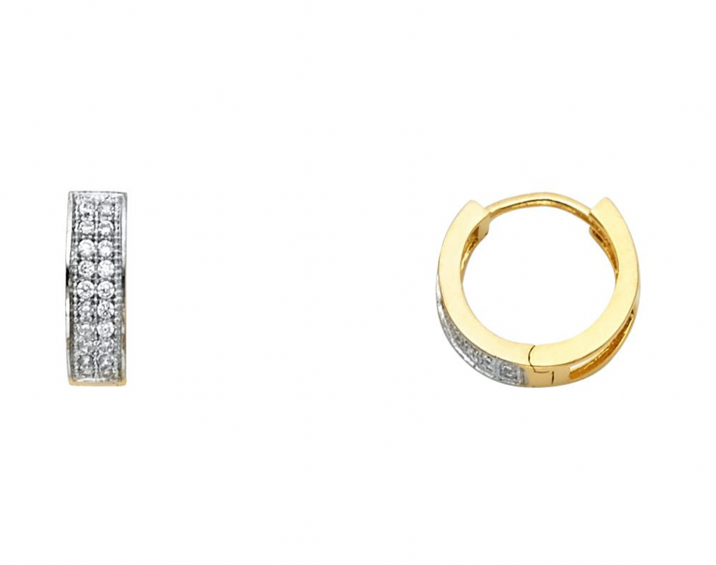 14K solid gold small huggie earrings featuring two rows of cubic zirconia with a latch back closure.