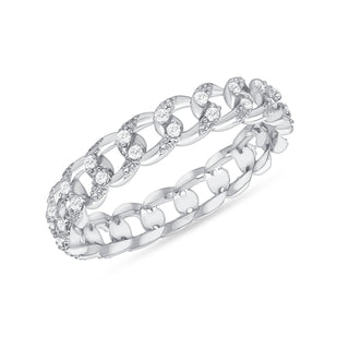 925 Sterling Silver thin Cuban link ring features cubic zirconia in a pavé setting laced around. 