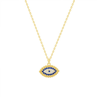 925 Sterling Silver dainty evil eye necklace features blue and clear cubic zirconia