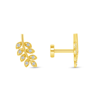 14K Solid Gold Single Leaf Flat Back Studs with diamond embellishments feature 0.05tcw diamond.