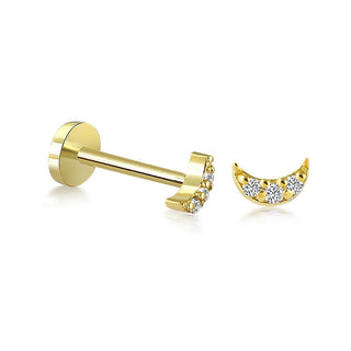 14K Solid Gold Single Flat Back Stud earring features a crescent moon that is embellished with diamonds.